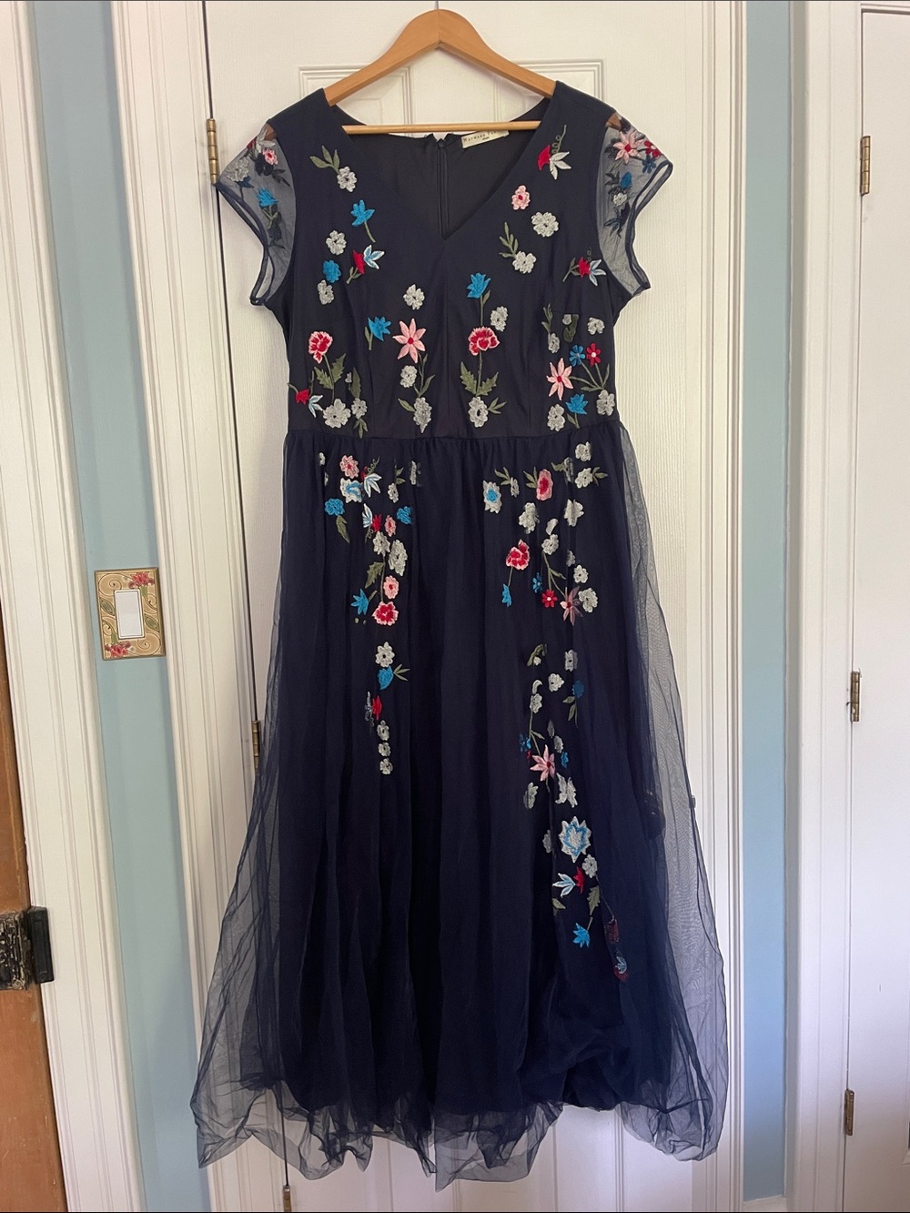eshakti Navy Tulle Dress with Multicolor Floral Embroidery